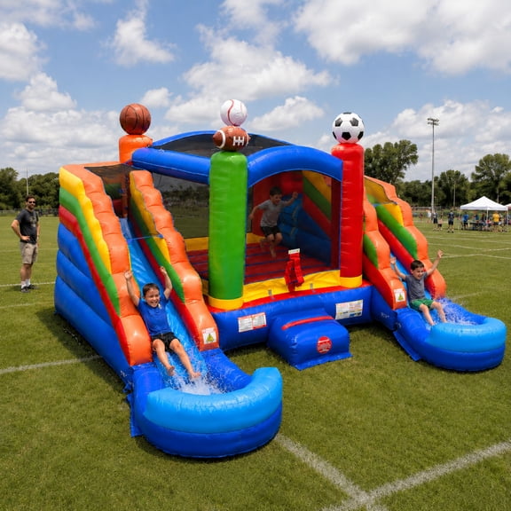 Pogo Bounce House Crossover Double Water Slide Bouncy Castle Combo Sports Removable Pools 16.5 ft L x 15 ft W x 11 ft H