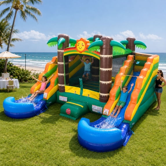 Pogo Bounce House Crossover Double Water Slide Bouncy Castle Combo Tropical Removable Pools 16.5 ft L x 15 ft W x 11 ft H