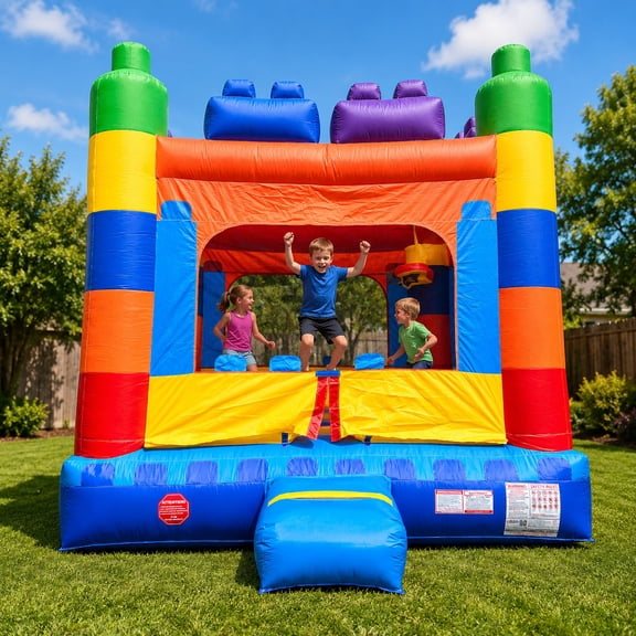 Pogo Crossover Inflatable Bounce House, Building Block Kids Jumper, No Blower