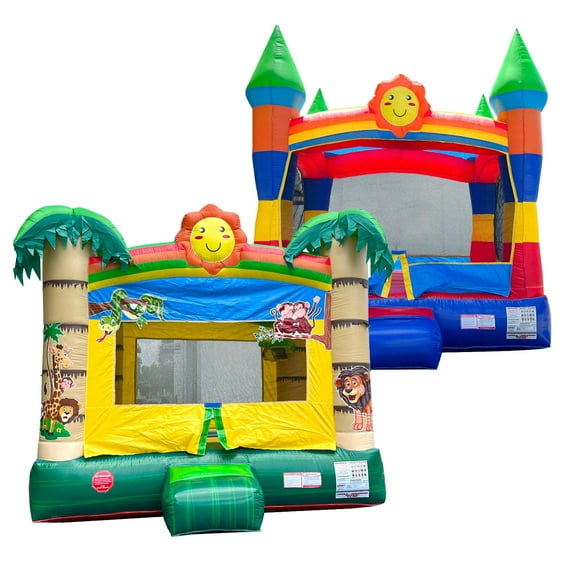 Pogo Crossover Inflatable Bounce House Jumper Rainbow Tropical Bouncy Castle Bundle