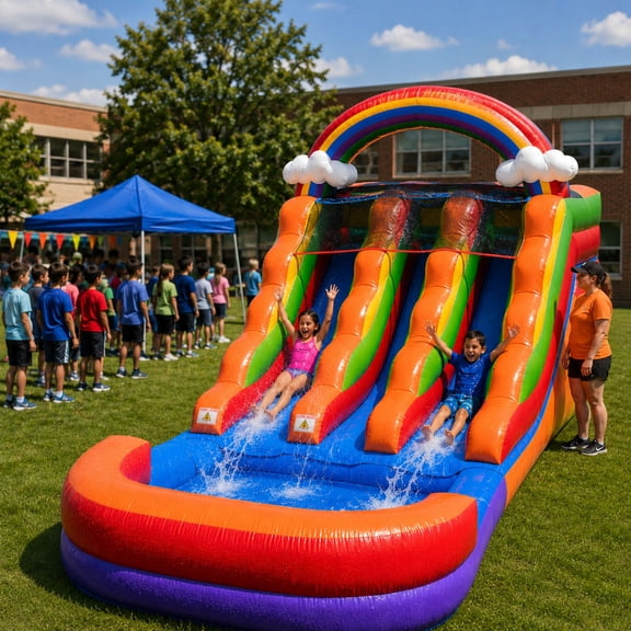 Pogo Crossover Inflatable Double Water Slide with Blower, Rainbow Cloud 12 Foot Kids Waterslide