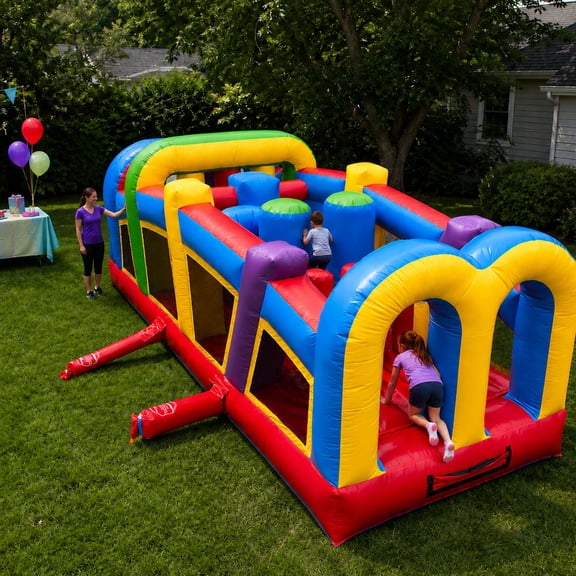 Pogo Crossover Inflatable Obstacle Course, Rainbow Kids Jumper, 20 Foot, No Blower