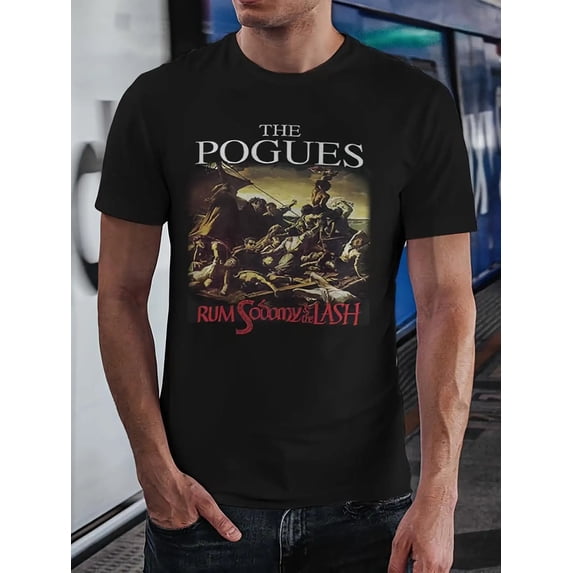The Pogues Band / Men's Vintage Irish Folk Rock Tee / "Rum & The Lash" Artwork, Crew Neck, Short Sleeves, Regular Fit, All-Season Knit, Black, Casual Style, Everyday Fashion, Casual Wear,
