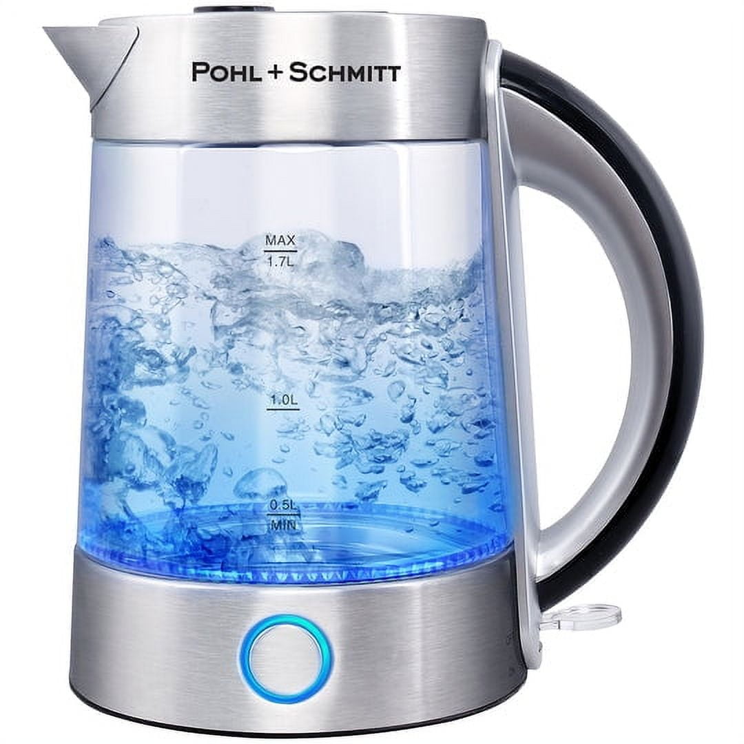 Pohl Schmitt 1.7L Electric Kettle with Upgraded Stainless Steel Filter,  Inner Lid & Bottom, Glass Water Boiler & Tea Heater with LED, Cordless,  Auto