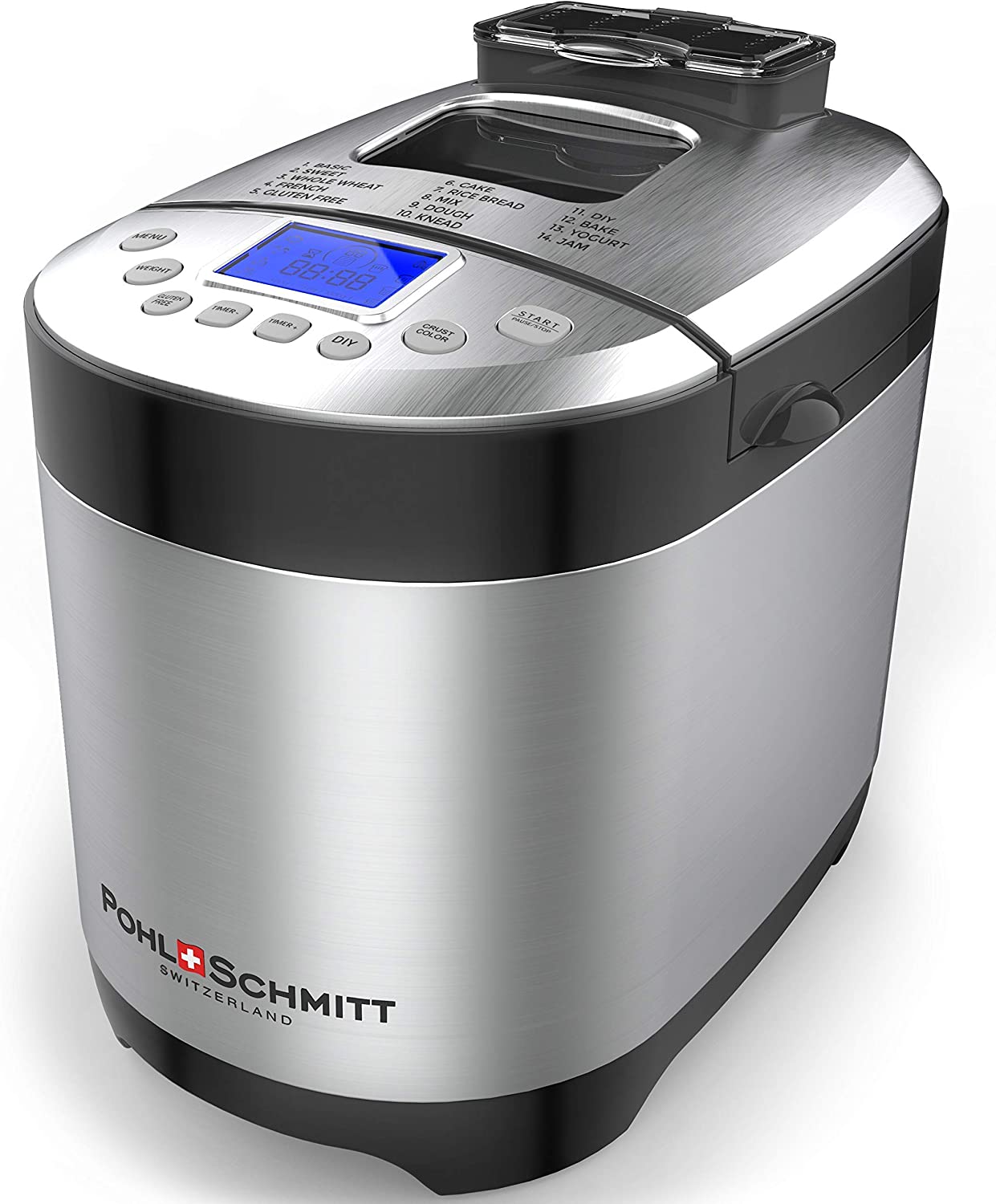 Pohl Schmitt Stainless Steel Bread Machine Bread Maker, 2LB 17-in-1, 14 Settings Incl Gluten Free & Fruit, Nut Dispenser, Nonstick Pan, 3 Loaf Sizes 3 Crust Colors, Keep Warm, and Recipes - image 1 of 7
