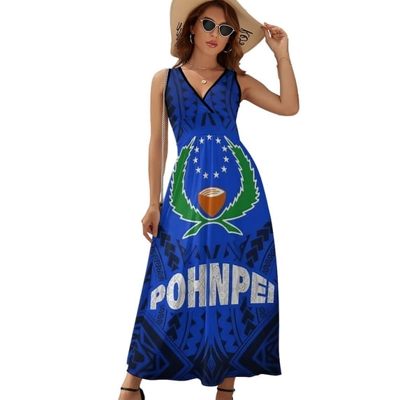 Pohnpei State Womens Night Club Maxi Dress V Neck Sleeveless Bohemia Long Dresses