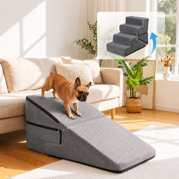 Yucurem Pet Dog Stairs for Small Dogs, 2-in-1 Transformable 4-Step Pet Stairs and Ramp with Durable Non-Slip Waterproof Cover, Gray