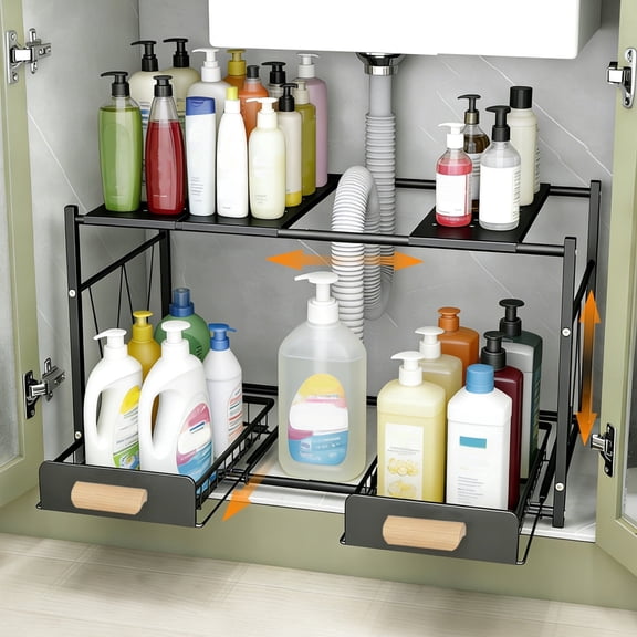 2 Tier Under Sink Organizer and Storage, Expandable Length 21.5"-31.8", Height Adjustable, 2 Sliding Drawers & Movable Top Shelves, for Bathroom & Kitchen, Black