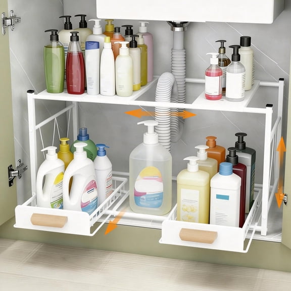 2 Tier Under Sink Organizer and Storage, Expandable Length, Height Adjustable, 2 Sliding Drawers & Adjustable Top Panels, White