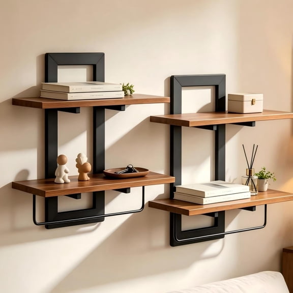 2 Pack 2 Tier Floating Wall Shelves, Rustic Wood Wall Mount Storage Organizer, Decorative Wall Display Rack for Bedroom Living Room Bathroom