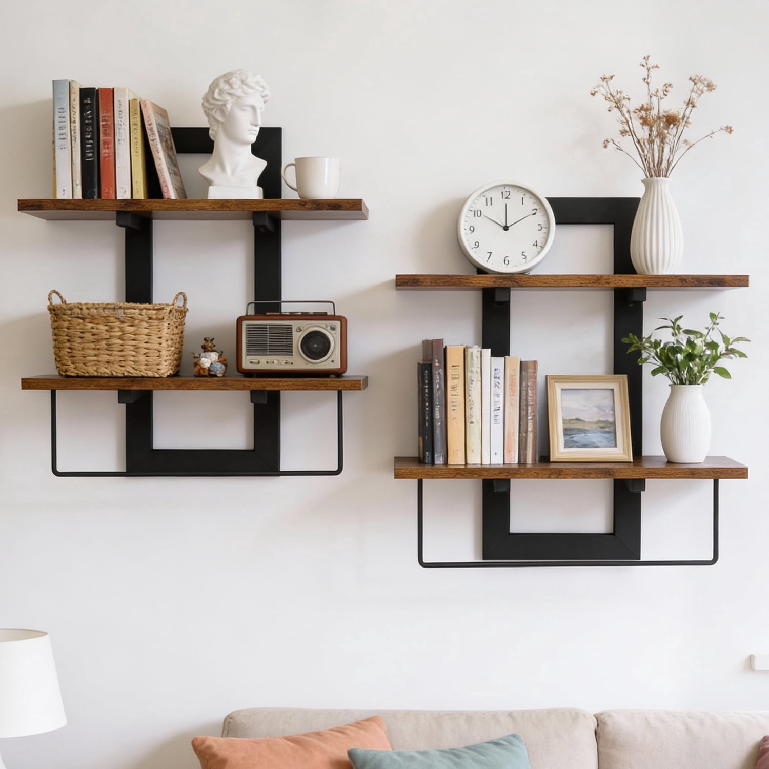 2-Tier Wood Floating Shelves Wall Mounted, Rustic Brown Decorative Storage Shelves for Bathroom Bedroom Living Room Kitchen, 2 Pack