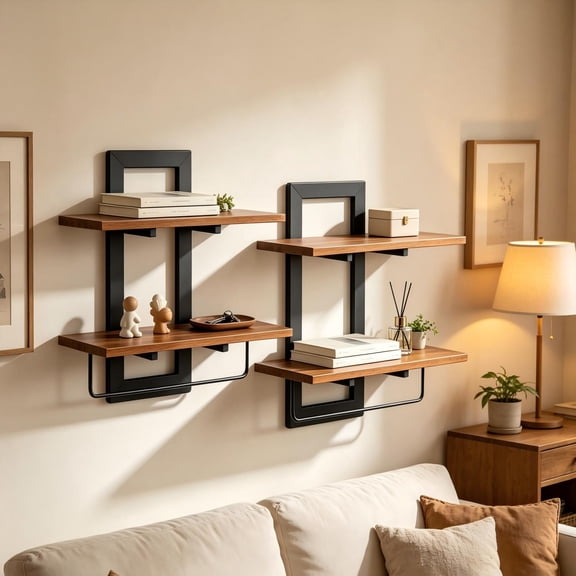 2 Pack 2 Tier Floating Wall Shelves, Rustic Wood Wall Mount Storage Organizer, Decorative Wall Display Rack for Bedroom Living Room Bathroom