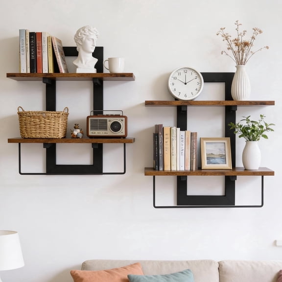 2-Tier Wood Floating Shelves Wall Mounted, Rustic Brown Decorative Storage Shelves for Bathroom Bedroom Living Room Kitchen, 2 Pack