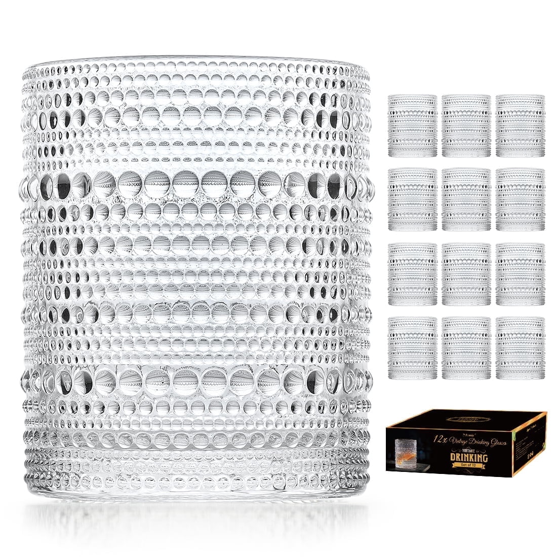 Pohoudy 15 oz Heavy Duty Hobnail Beverage Glasses, Set of 12