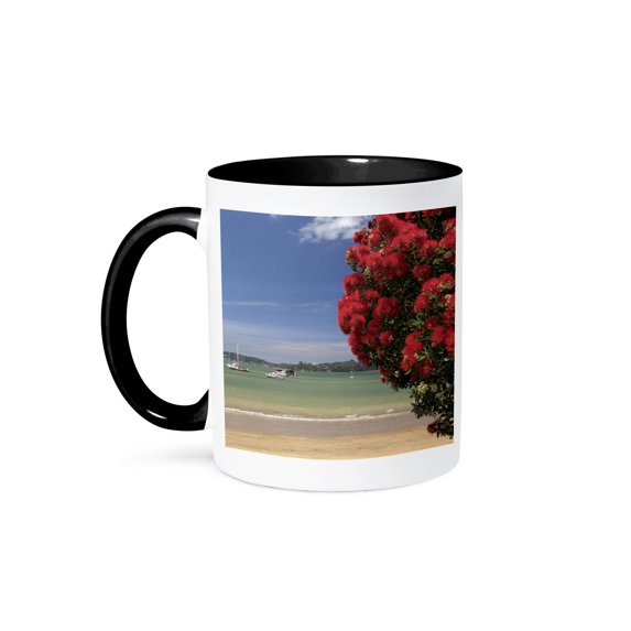 3dRose, Pohutukawa tree, beach, Paihia, North Island, New Zealand-AU02 DWA6632 - David Wall, 15oz Two-Tone Black Mug