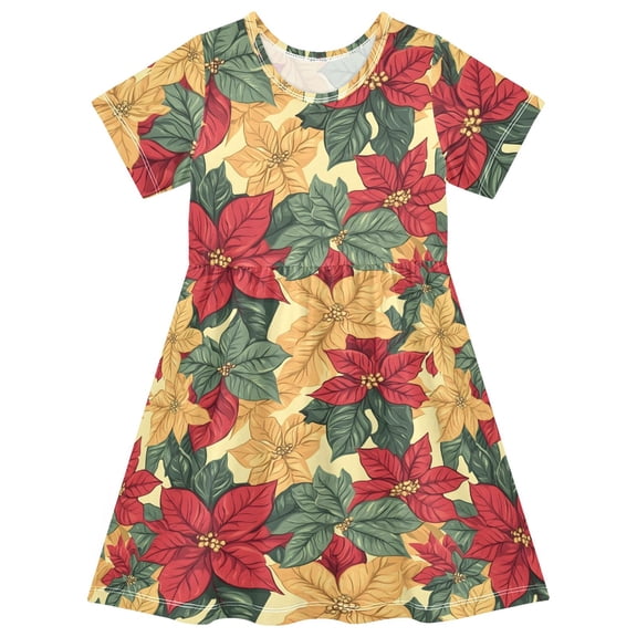 Poinsettia Background Seamless Christmas Short Sleeve Dress A-Line Cute Midi Casual Sundress 2-8 Years