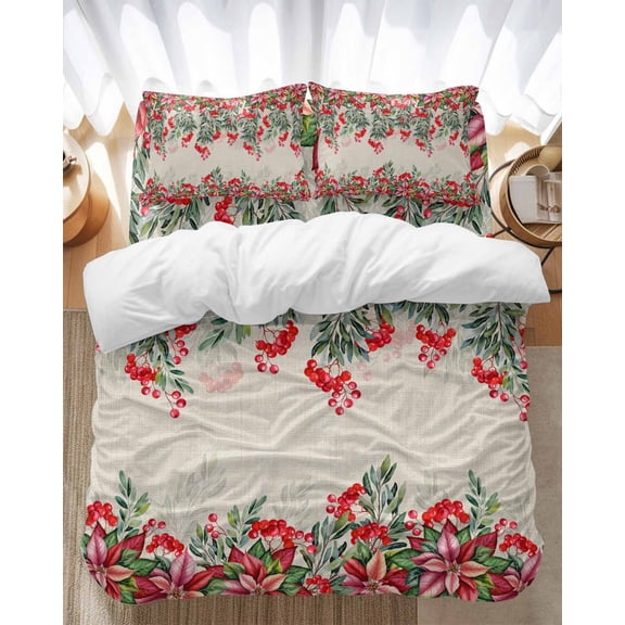 Poinsettia Berry Bedding Duvet Cover Set Queen Size 4 Pieces Red Floral Winter Plants Retro Bedding Set with Zipper Closure, 1 Comforter Cover 90x92 Inches 1 Flat Sheet & 2 Pillow Cases