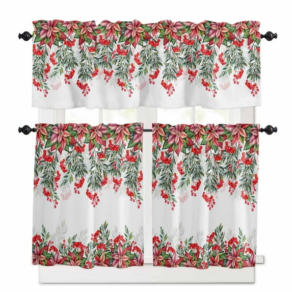 Poinsettia Berry Kitchen Curtains and Valances Set, Red Floral Winter Watercolor Plants Rod Pocket Window Valance 18 Inch Window Curtain Panels for Living Room Bedroom Laundry, 27.5x36in, 3 Pieces