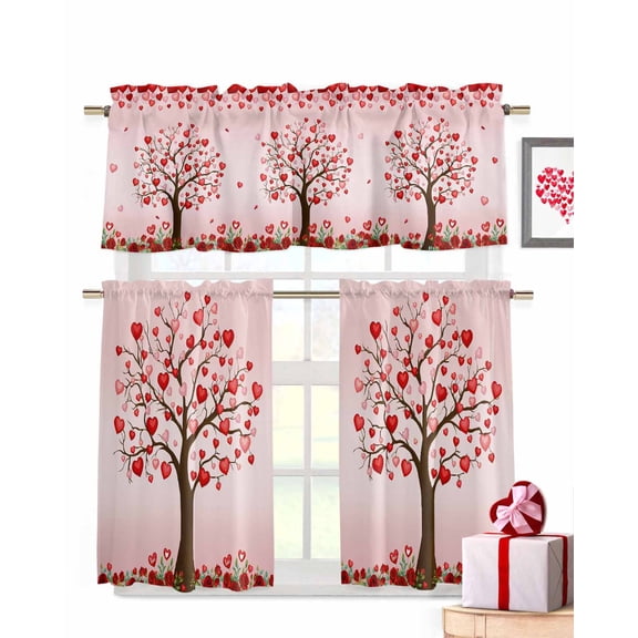 Poinsettia Berry Kitchen Curtains Valances and Tiers Set of 3, 24 Inch Length Tier Curtains and Valance Rod Pocket Valance Curtains Set for Kitchen Bathroom Small Windows
