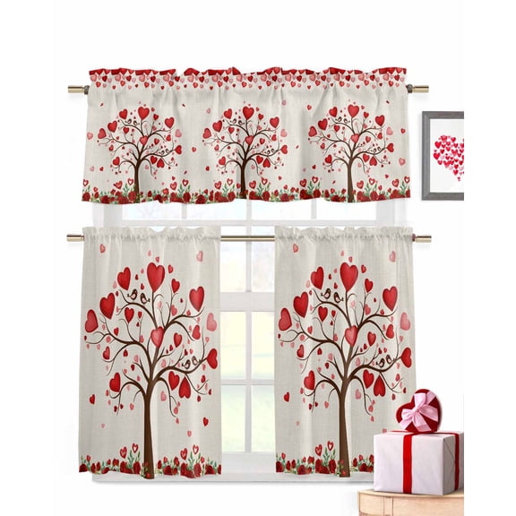 Poinsettia Berry Kitchen Curtains Valances and Tiers Set of 3, 24 Inch Length Tier Curtains and Valance Rod Pocket Valance Curtains Set for Kitchen Bathroom Small Windows