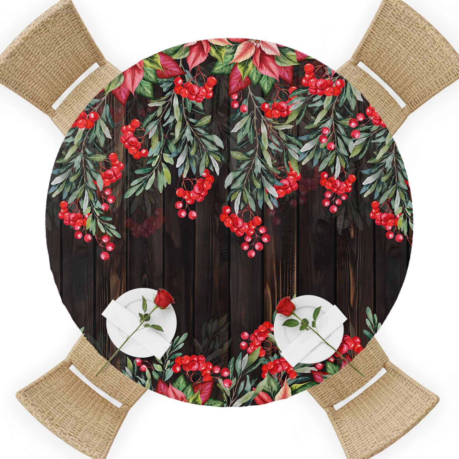 Poinsettia Berry Round Table Cover, Red Floral Winter Plants Brown Wood ...