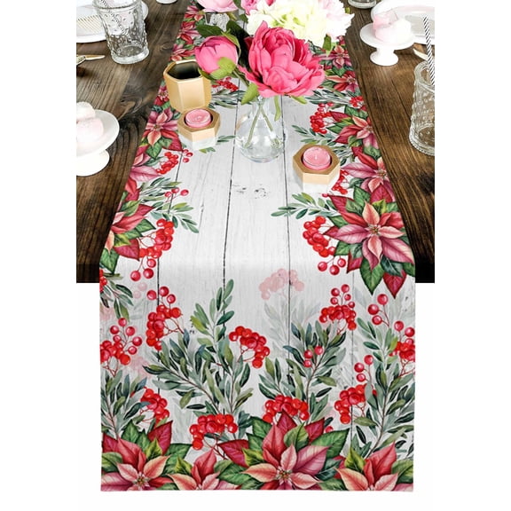 Poinsettia Berry Table Runner, Red Floral Winter Plants Vintage Wood Grain Washable Cotton-linen Table Runners Dining Kitchen Decoration for Everyday Home Wedding Party Decor, 13 x 90 Inch