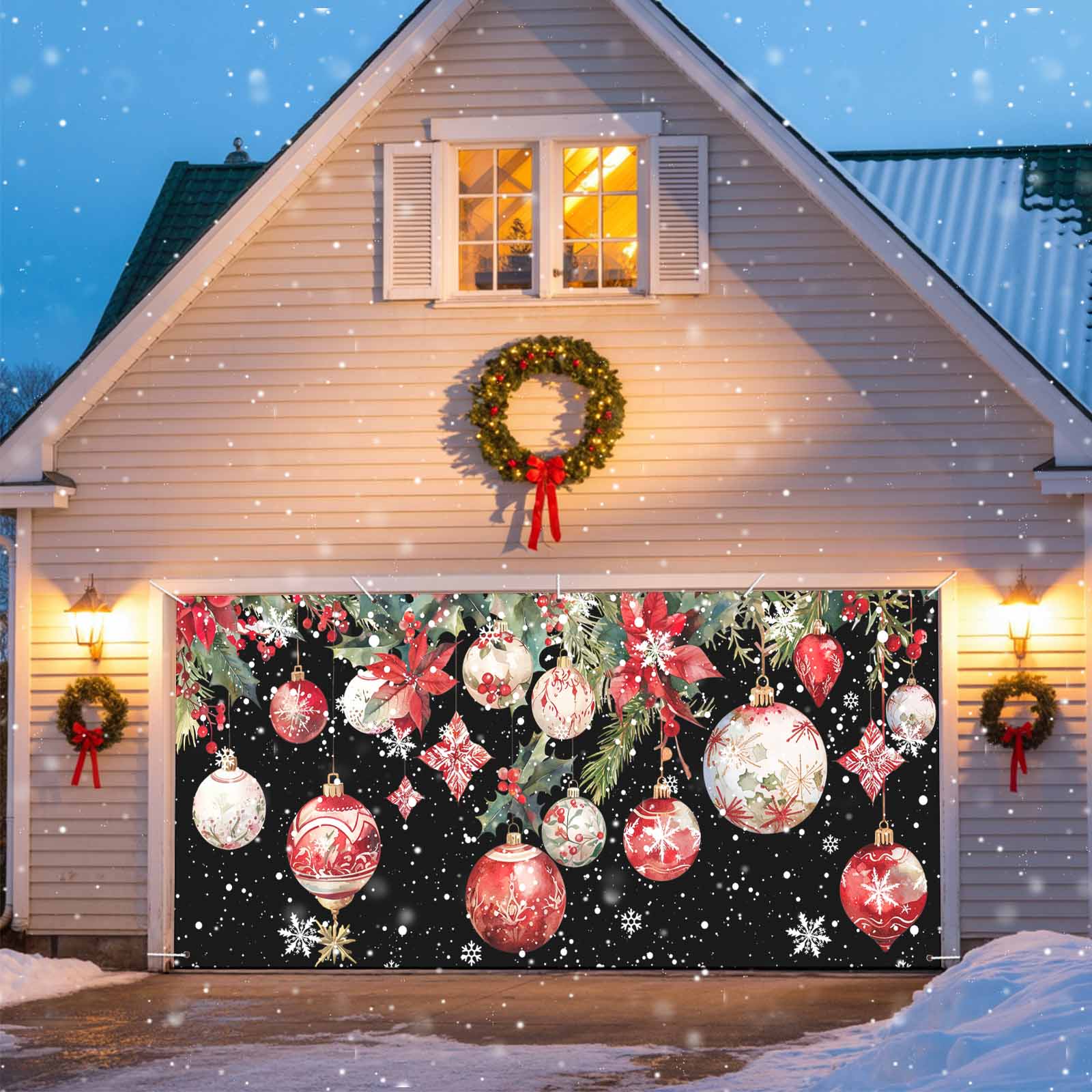 Poinsettia Christmas Ball Christmas Garage Door Decorations, 6.9x16ft