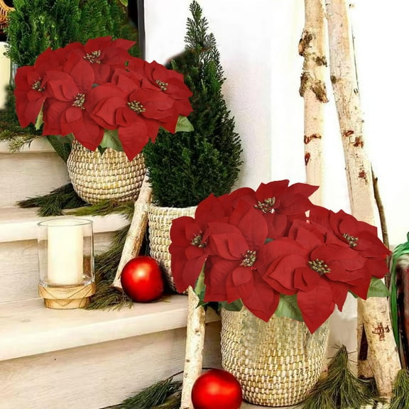 Poinsettia Christmas Flower under $5! Cagogo Singles Head Poinsettia Christmas Flower Simulation Artificial Flower, Realistic Fake Poinsettia Stem, Holiday Home Decoration Vase Flower Arrangement,