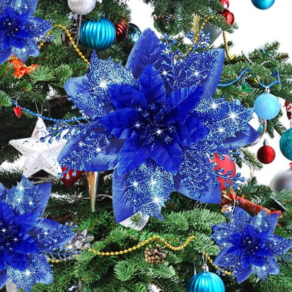 Christmas Flowers Decoration -12Pcs Artificial Red Gold  Christmas Tree Ornaments Glittery for Xmas New Year Wedding Party Wreath DIY Garland Decor