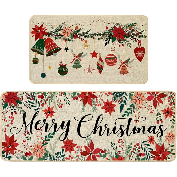 Poinsettia Christmas Kitchen Rugs Set of 2, Jingling Bell Holly Kitchen Mats for Floor Non Slip Winter Holiday Farmhouse Christmas Decoration 17x29 and 17x47 Inch