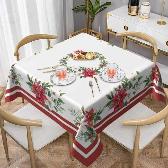 Poinsettia Christmas Round Tablecloth Square 60x60 Inch, White and Red Christmas Tablecloths Stain Resistance Polyester Winter Table Cloth for Holiday Parties Kitchen Dining Indoor Outdoor
