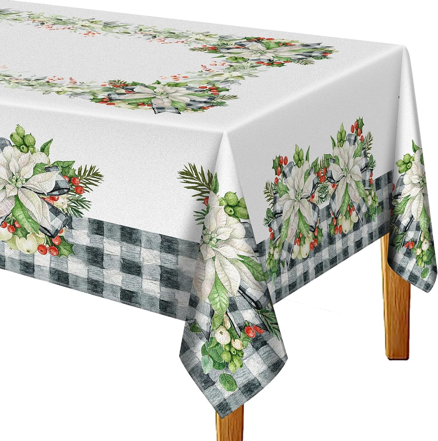 Poinsettia Christmas Tablecloth Buffalo Plaid Bordered Christmas Fabric Tablecloth Table