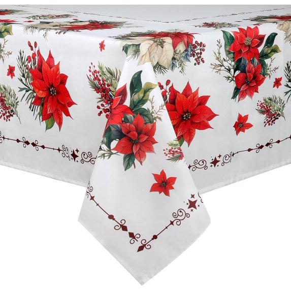 Poinsettia Christmas Tablecloth Waterproof, Red Table Cloth Rectangle, Stain Resistant Fabric Table Cloths for Kitchen Table Party Picnic Dinner New Year Decor (60 x 84 Inch)