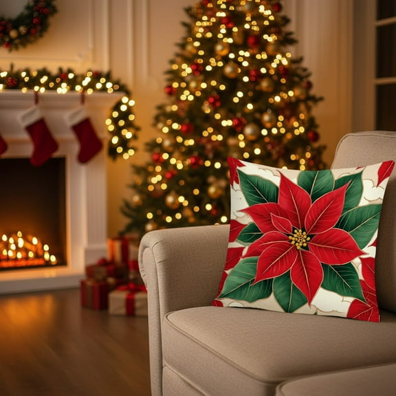 ‌Poinsettia Christmas Throw Pillow Covers 18x18inch - Farmhouse Holiday Decor for Bedroom Sofa,Winter Home Decor,Festive Christmas Cushion Covers with Red & Green Patterns