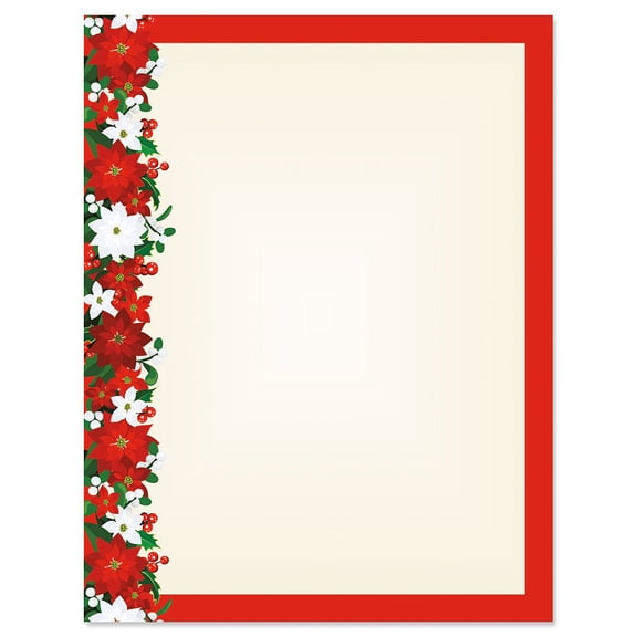 Poinsettia Filigree Christmas Letter Papers - Set of 25 Christmas stationery papers are 8 1/2" x 11", compatible computer paper