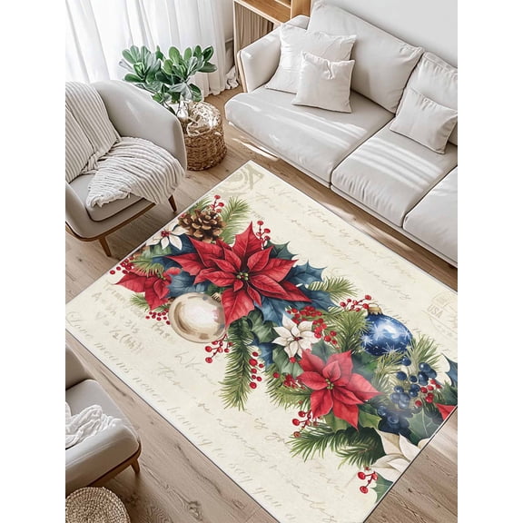 Poinsettia Fir Leaf Berry Area Rug for Bedroom 4x6 Ft Christmas Balls Newspaper Super Soft fuzzy Throw Rug Non-Slip Fluffy Plush Indoor Floor Carpet for Living Room Nursery Home Decor
