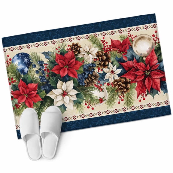 Poinsettia Fir Leaf Berry Area&nbsp;Rug 2x3ft Christmas Balls Non-Slip&nbsp;Washable Square&nbsp;Rugs Soft Felt Indoor Floor Mat for Bedroom Kitchen Living Room Bathroom