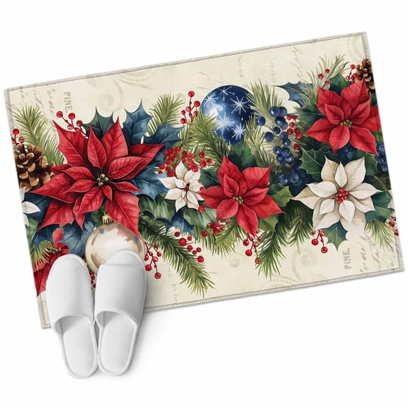 Poinsettia Fir Leaf Berry Area&nbsp;Rug 2x3ft Christmas Balls Non-Slip&nbsp;Washable Square&nbsp;Rugs Soft Felt Indoor Floor Mat for Bedroom Kitchen Living Room Bathroom