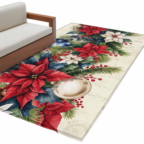 Poinsettia Fir Leaf Berry Area&nbsp;Rug 4x6ft Christmas Balls Non-Slip&nbsp;Washable Square&nbsp;Rugs Soft Felt Indoor Floor Mat for Bedroom Kitchen Living Room Bathroom