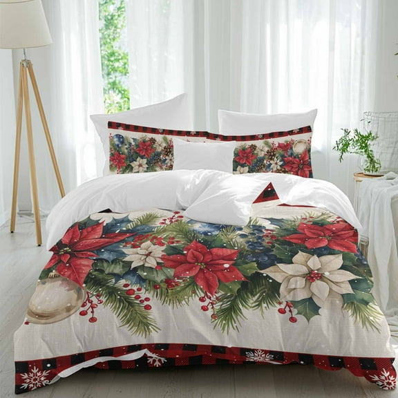 Poinsettia Fir Leaf Berry Comforter Set California King Size, Christmas Balls Red Black Buffalo Plaid Soft Bedding Set for Man Woman, 4 Pieces Duvet Cover Set with Fitted Sheet, 2 Pillowcases