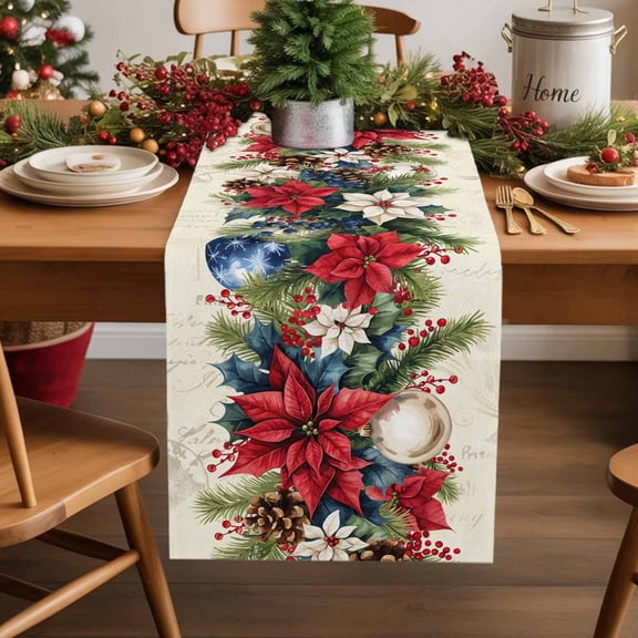 Poinsettia Fir Leaf Berry Cotton Linen Table Runner Christmas Balls Dining Table Runners for Home Decor Party Dining Room Restaurant Kitchen Party 13" x 36"
