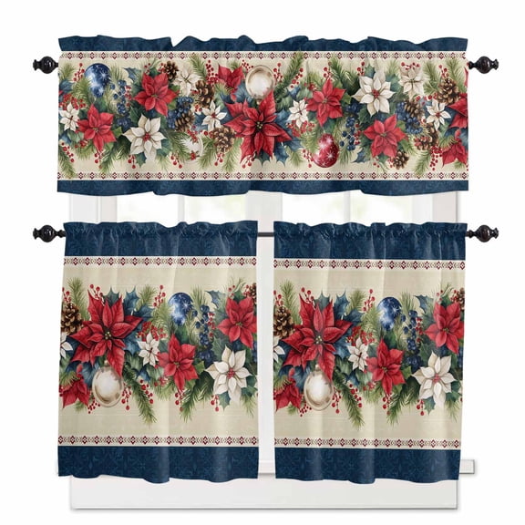 Poinsettia Fir Leaf Berry Kitchen Curtains and Valances Set, Christmas Balls Blue Beige Rod Pocket Window Valance 18 Inch Window Curtain Panels for Living Room Bedroom Laundry, 27.5x24in, 3 Pieces