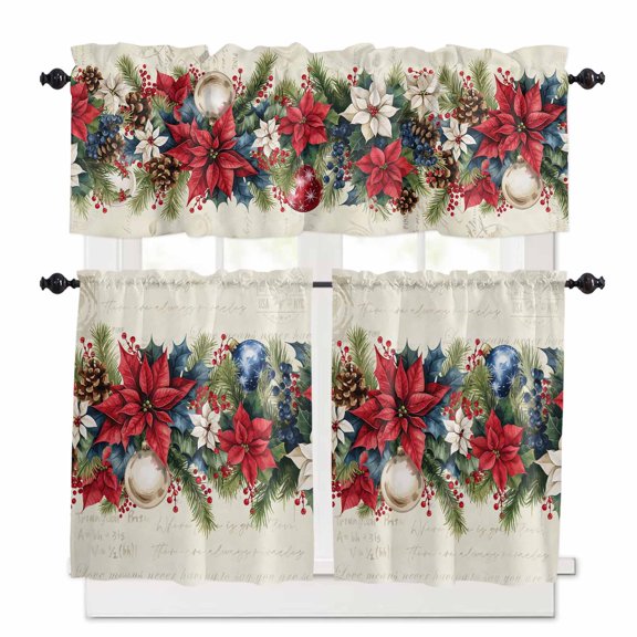 Poinsettia Fir Leaf Berry Kitchen Curtains Valances and Tiers Set of 3 Christmas Balls Tier Curtains and Valance Rod Pocket Valance Curtains Set for Kitchen Bathroom Small Windows 27.5"W x 24"L