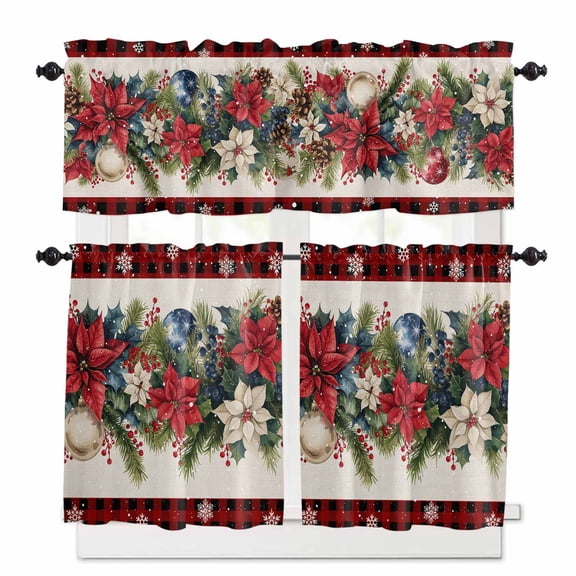 Poinsettia Fir Leaf Berry Kitchen Curtains Valances and Tiers Set of 3 Christmas Balls Tier Curtains and Valance Rod Pocket Valance Curtains Set for Kitchen Bathroom Small Windows 27.5"W x 24"L