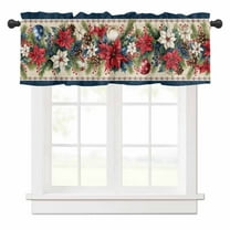 Poinsettia Fir Leaf Berry Valances for Windows Christmas Balls Rod Pocket Curtain Valance Window Treatment Short Curtains for Kitchen Living Room, 58"x16"