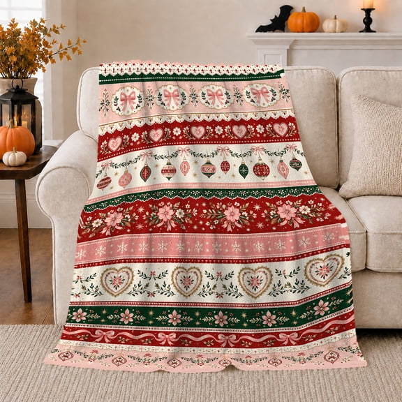 Poinsettia Floral Fair Isle Holiday, Festive Holiday Scene, Warm Flannel Blanket for Living Room and Family Room, Art Lovers Valentine's Day Gift, Festive Home Decor