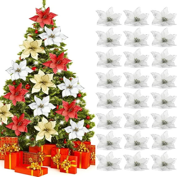 Poinsettia Flower Artificial Poinsettia Christmas Decoration Glitter Poinsettias Christmas Ornaments Christmas Tree Flower Decor with Clips DIY Xmas Wreath Holiday Home Party Decor