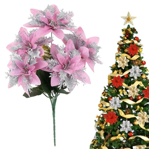 Poinsettia Flower for Christmas Tree, Christmas Glitter Poinsettia Artificial Bushes Decorations Ornaments for Home Decor Indoor Outdoor Porch Xmas Tree Wreath Table Centerpiece Cemetery