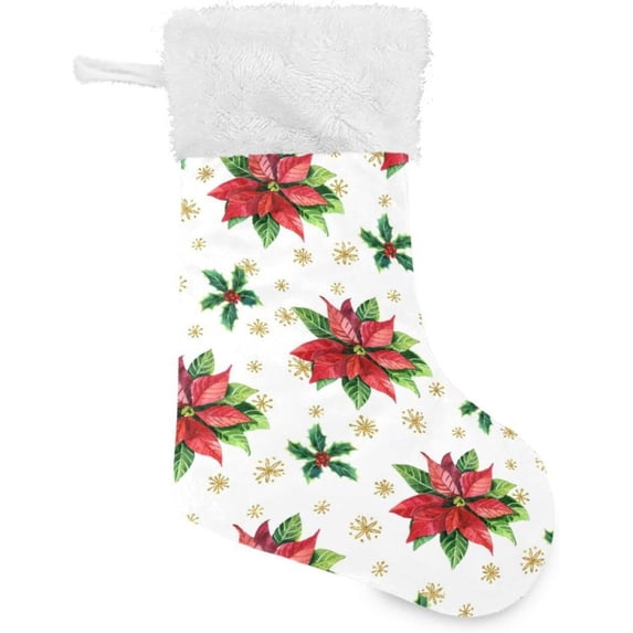 Poinsettia Flowers Christmas Stockings Plant Christmas Presonalized Large Stocking Sock, Set of 1 Xmas Party Winter Decor Candy Bag Family Holiday Gift, 17.7 Inch