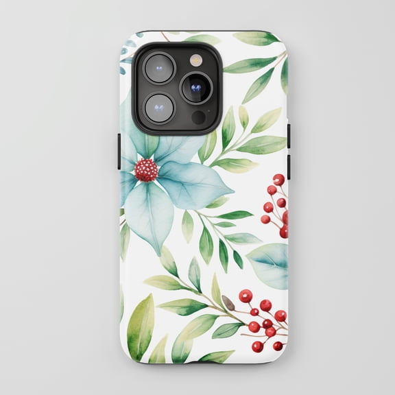 Poinsettia Holly Berry For All iPhone Series Tough Phone Case Watercolor Floral